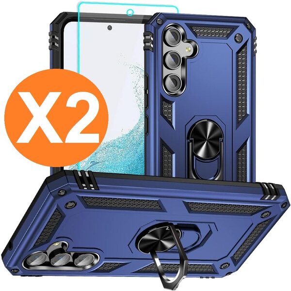 Ntech Hoesje Geschikt voor Samsung A05s Hoesje Blauw Anti-Shock Hybrid Armor hoesje  Met Draaibare Ring Houder - Samsung Galaxy A05s Screenprotector 2 pack