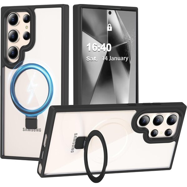Ntech Hoesje Geschikt voor Samsung Galaxy S24 Ultra hoesje Zwart -  kickstand Draaibare Ring Houder – Geschikt voor Magsafe