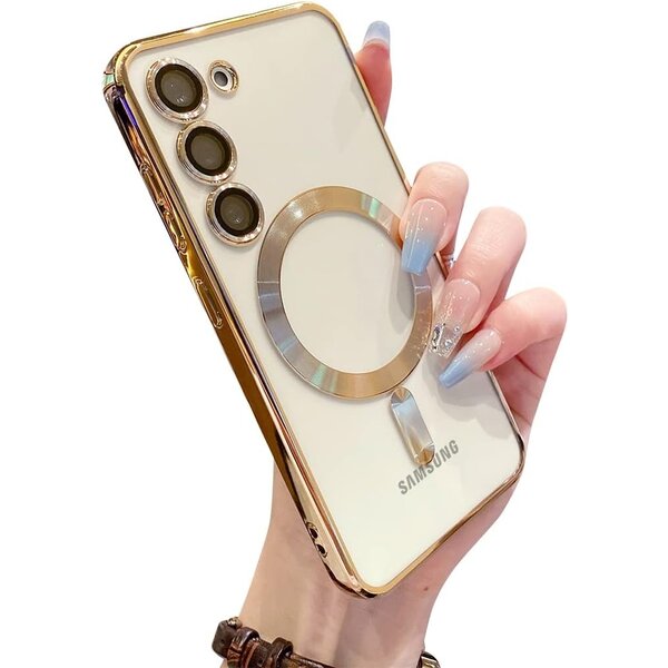 Ntech Hoesje geschikt voor Samsung Galaxy S23 FE hoesje Magnetisch Met Lens beschermer Transparant / Goud – Magneet hoesje  Case cover Samsung S23 FE