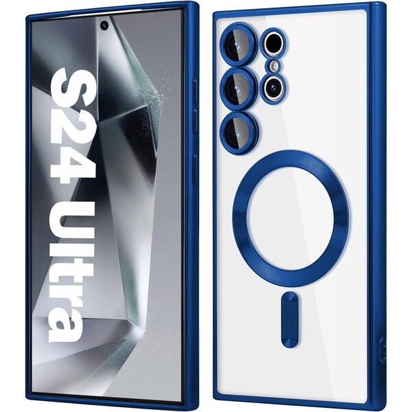 Ntech Hoesje geschikt voor Samsung Galaxy S24 Ultra hoesje Magnetisch Met Lens beschermer Transparant / Blauw – Magneet hoesje  Case cover Samsung S24 Ultra