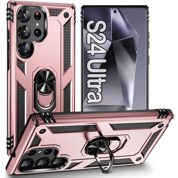 Ntech Hoesje Geschikt voor Samsung Galaxy S24 Ultra hoesje Rose Goud Hybrid Armor Anti-Shock hoesje  - Galaxy S24 Ultra 5G Hoesje kickstand Ring houder cover TPU backcover hoesje