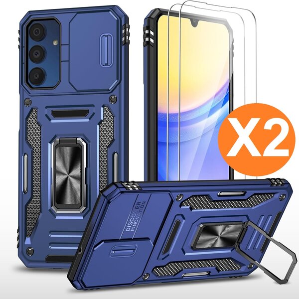 Ntech Hoesje Geschikt voor Samsung Galaxy A15 5G hoesje backcover Blauw met Met Draaibare Ring Houder en camera bescherming - Galaxy A15 5G Screenprotector - 2 stuks