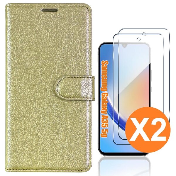 Ntech Hoesje geschikt voor Samsung Galaxy A35 5G hoesje bookcase Goud - Met screenprotector tempered glass voor  Galaxy A35 - 2x