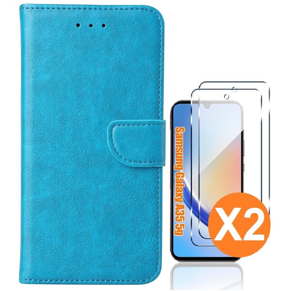 Ntech Hoesje geschikt voor Samsung Galaxy A35 5G hoesje bookcase Blauw - Met screenprotector tempered glass voor  Galaxy A35 - 2x