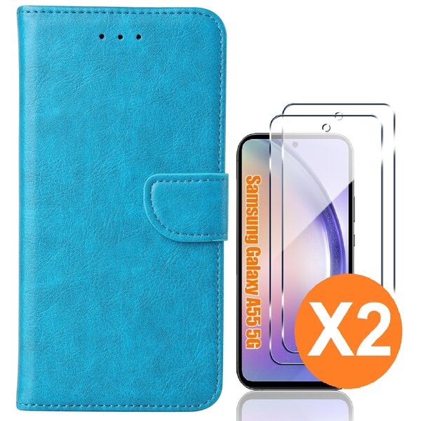 Ntech Hoesje geschikt voor Samsung Galaxy A55 5G hoesje bookcase Blauw - Met screenprotector tempered glass voor  Galaxy A55 - 2x