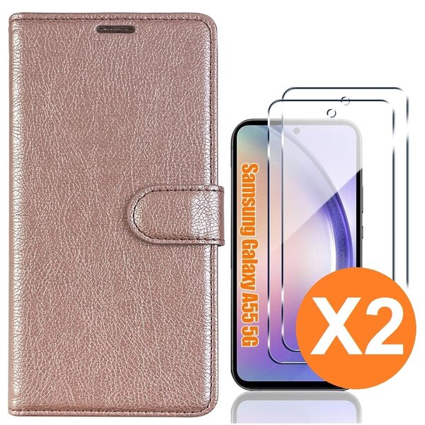 Ntech Hoesje geschikt voor Samsung Galaxy A55 5G hoesje bookcase Rose Goud - Met screenprotector tempered glass voor  Galaxy A55 - 2x