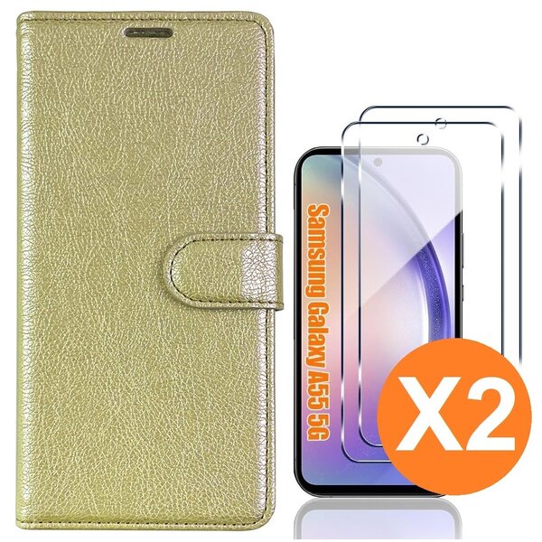 Ntech Hoesje geschikt voor Samsung Galaxy A55 5G hoesje bookcase Goud - Met screenprotector tempered glass voor  Galaxy A55 - 2x