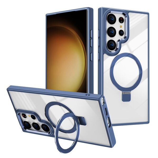 Ntech Hoesje Geschikt voor Samsung Galaxy S23 Ultra hoesje Blauw -  kickstand Draaibare Ring Houder - Geschikt voor Draadloos Opladen met Magnetische Ring