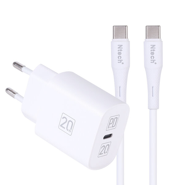 Ntech USB C Adapter + USB C kabel / USB C snellader Geschikt voor Samsung Galaxy A16 / A26 / A36 / A56 met USB C naar USB C kabel 1M - 20W - Geschikt voor Samsung Galaxy S25 / S25 Ultra