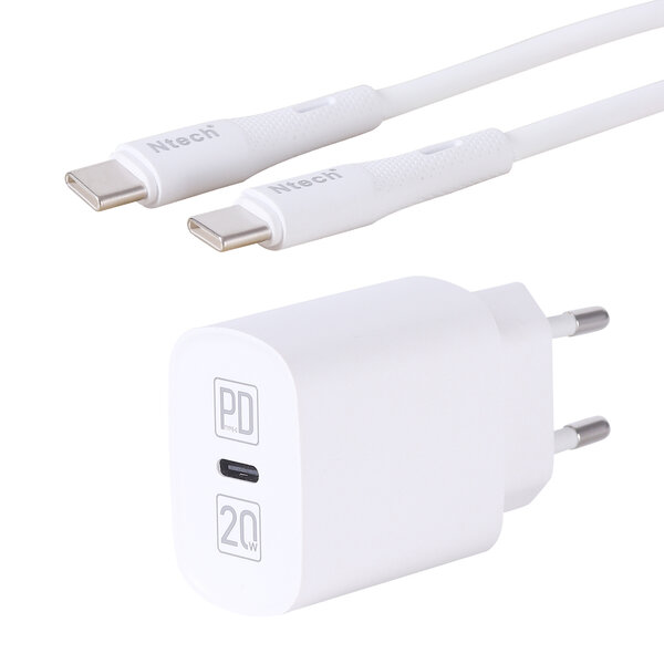 Ntech USB C Adapter Snellader Oplader 20W met USB C naar USB C kabel 1M