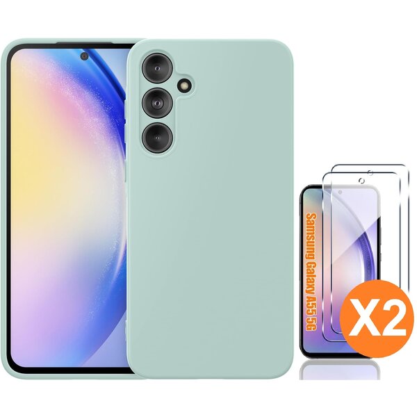 Ntech Hoesje geschikt voor Samsung Galaxy A55 siliconen hoesje Mint Groen zacht TPU backcover - Met gehard glas screenprotector - 2 stuks