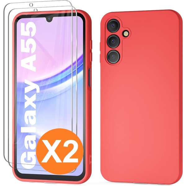 Ntech Hoesje geschikt voor Samsung Galaxy A55 siliconen hoesje Rood zacht TPU backcover - Met gehard glas screenprotector - 2 stuks