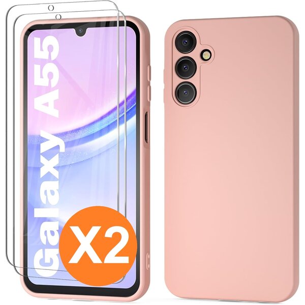 Ntech Hoesje geschikt voor Samsung Galaxy A55 siliconen hoesje Pink Sand zacht TPU backcover - Met gehard glas screenprotector - 2 stuks