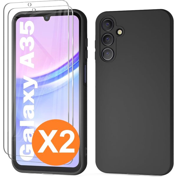 Ntech Hoesje geschikt voor Samsung Galaxy A35 siliconen hoesje Zwart zacht TPU backcover - Met gehard glas screenprotector - 2 stuks