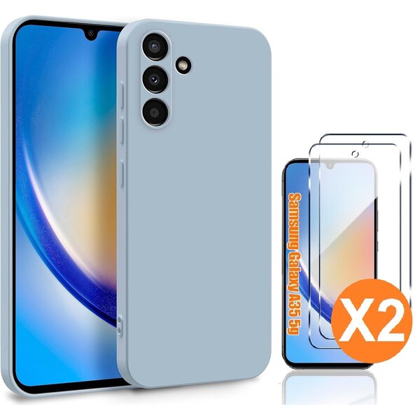 Ntech Hoesje geschikt voor Samsung Galaxy A35 siliconen hoesje Licht Blauw zacht TPU backcover - Met gehard glas screenprotector - 2 stuks