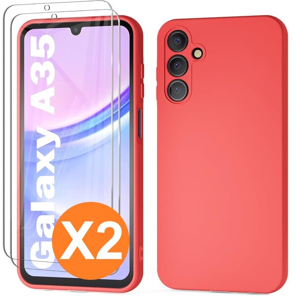 Ntech Hoesje geschikt voor Samsung Galaxy A35 siliconen hoesje Rood zacht TPU backcover - Met gehard glas screenprotector - 2 stuks