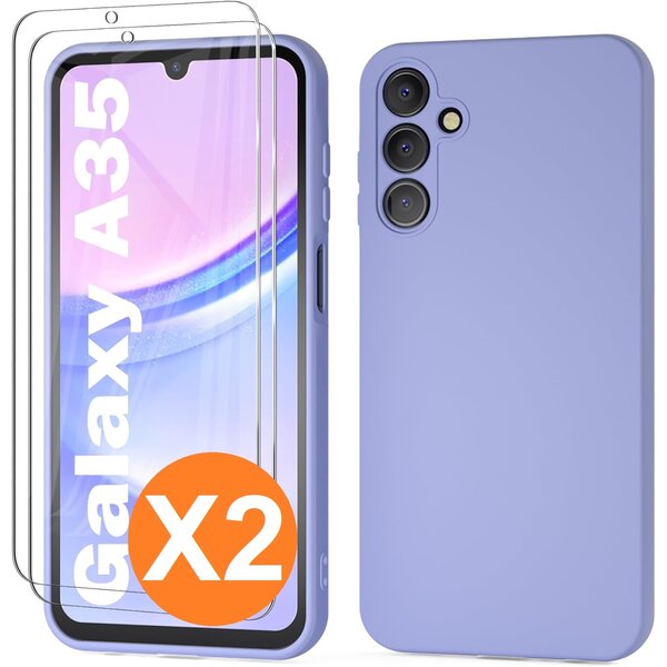 Ntech Hoesje geschikt voor Samsung Galaxy A35 siliconen hoesje Lila zacht TPU backcover - Met gehard glas screenprotector - 2 stuks