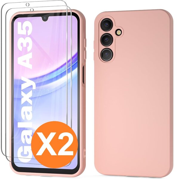 Ntech Hoesje geschikt voor Samsung Galaxy A35 siliconen hoesje Pink Sand zacht TPU backcover - Met gehard glas screenprotector - 2 stuks