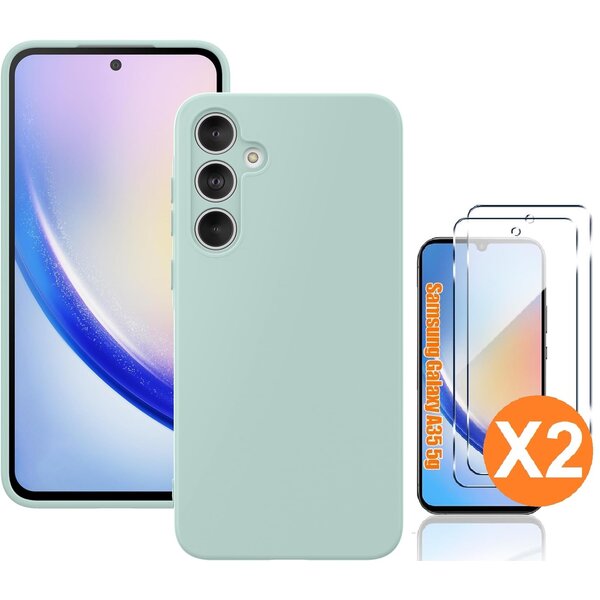 Ntech Hoesje geschikt voor Samsung Galaxy A35 siliconen hoesje Mint Groen zacht TPU backcover - Met gehard glas screenprotector - 2 stuks