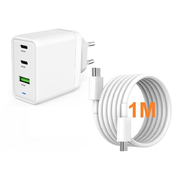 Ntech USB-C Adapter 65W met USB-C naar USB-C Oplader Kabel 1 Meter - Snellader Geschikt voor oplader Samsung S25, S25 Ultra, A56, A36, A26, S24, S24 Plus, S24 Ultra, S23, S23 Ultra, A55, A35, A15, A14, A25, S22 Ultra, S21 , S21 Ultra, Galaxy Tab A8 / A9