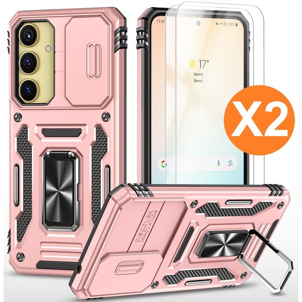 Ntech Hoesje Geschikt voor Samsung Galaxy A35 hoesje backcover Rose Goud met Met Draaibare Ring Houder en camera bescherming - Galaxy A35 Screenprotector - 2 stuks