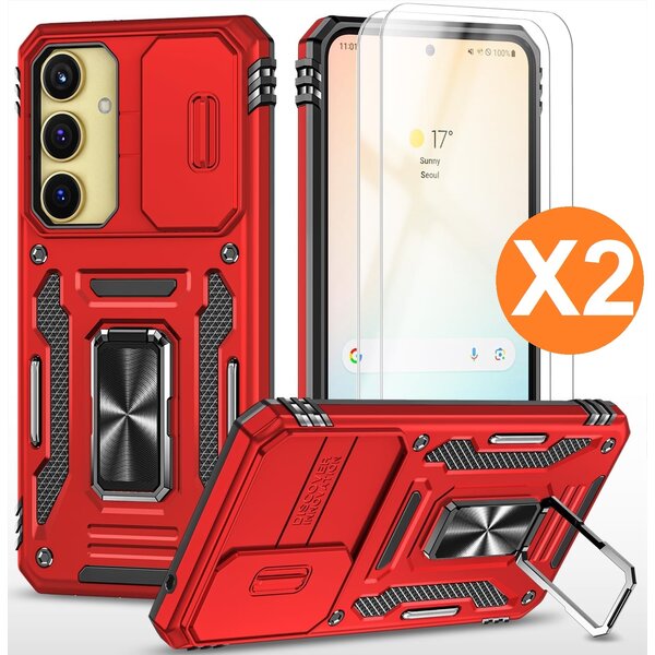 Ntech Hoesje Geschikt voor Samsung Galaxy A35 hoesje backcover Rood met Met Draaibare Ring Houder en camera bescherming - Galaxy A35 Screenprotector - 2 stuks