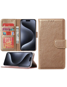 Ntech Hoesje geschikt voor iPhone 15 Pro Max - Bookcase - Pasjeshouder - Kunstleer - Goud