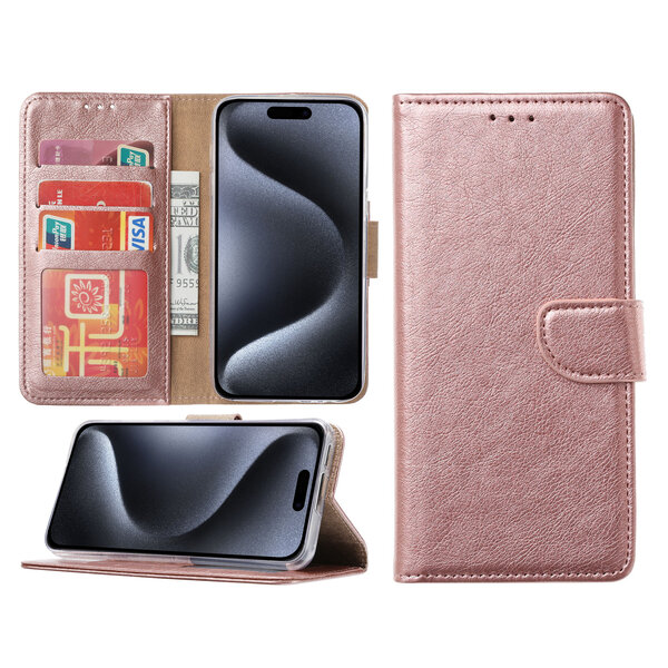 Ntech Hoesje geschikt voor iPhone 15 Pro Max - Bookcase - Pasjeshouder - Kunstleer - Roségoud