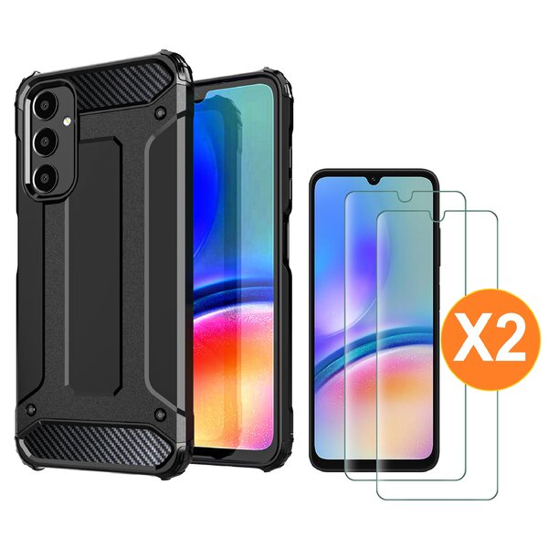 Ntech Hoesje Geschikt Voor Samsung Galaxy A05S Hoesje Schokbestendig Hybride hoesje - Galaxy A05s hoesje Rugged Armour Cover Heavy Duty Zwart - Galaxy A05s Screenprotector - 2 stuks