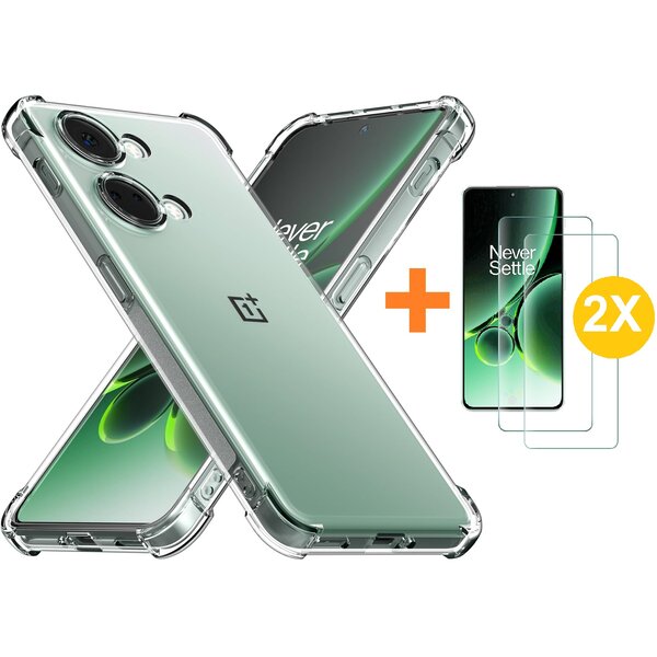 Ntech Hoesje geschikt voor Oneplus Nord 3 transparant Anti Shock silicone hoesje Met gehard glas Screenprotector - 2 pack