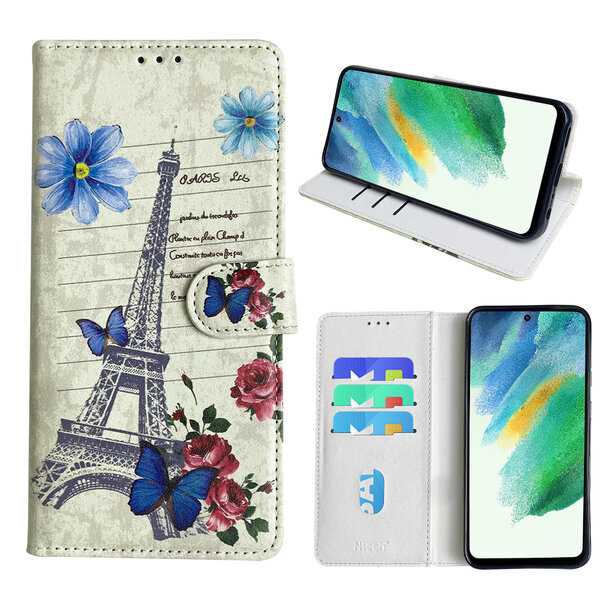 Ntech Hoesje geschikt voor Samsung Galaxy S21 FE Bookcase met Eiffel Toren /Parijs