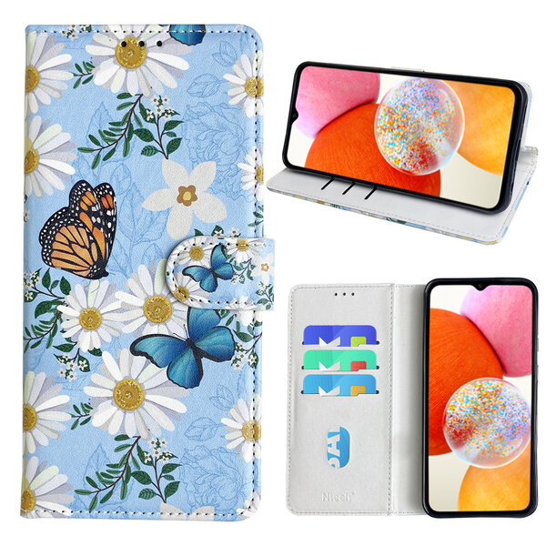 Ntech Hoesje geschikt voor Samsung Galaxy A14 Bookcase met Bloemen vlinder print