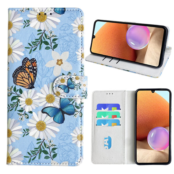 Ntech Hoesje geschikt voor Samsung Galaxy A32 4G Bookcase met Bloemen vlinder print