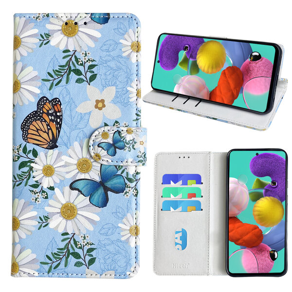 Ntech Hoesje geschikt voor Samsung Galaxy A51 Bookcase met Bloemen vlinder print