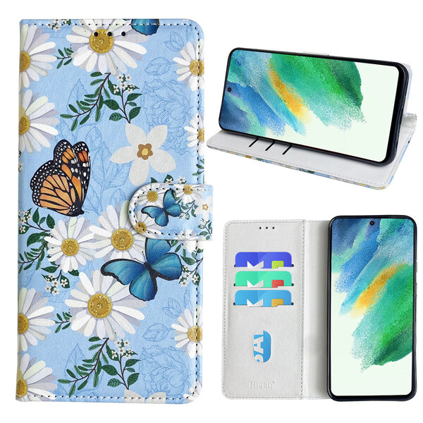 Ntech Hoesje geschikt voor Samsung Galaxy S21 FE Bookcase met Bloemen vlinder print