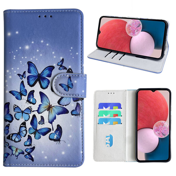 Ntech Hoesje geschikt voor Samsung Galaxy A13 4G Bookcase met Blauw vlinder print