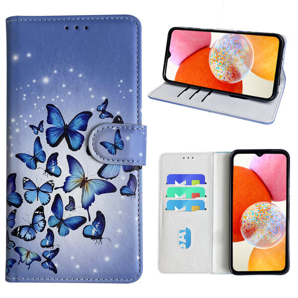 Ntech Hoesje geschikt voor Samsung Galaxy A14 Bookcase met Blauw vlinder print