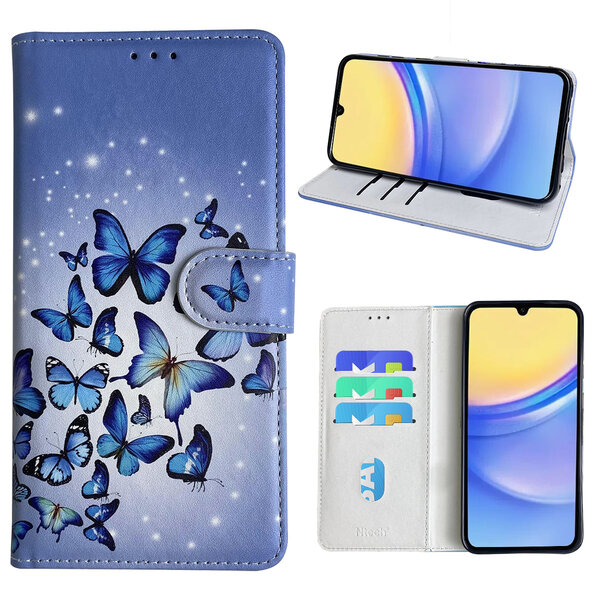 Ntech Hoesje geschikt voor Samsung Galaxy A15 Bookcase met Blauw vlinder print