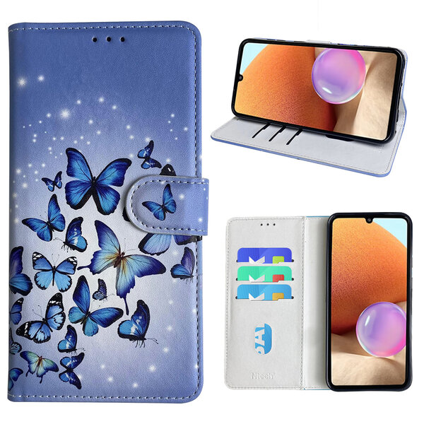 Ntech Hoesje geschikt voor Samsung Galaxy A32 4G Bookcase met Blauw vlinder print
