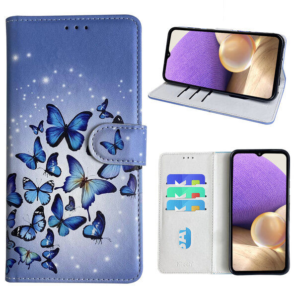 Ntech Hoesje geschikt voor Samsung Galaxy A32 5G Bookcase met Blauw vlinder print