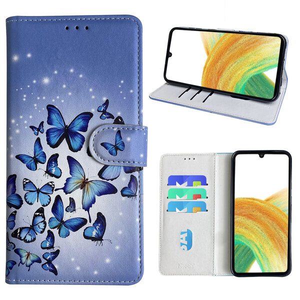 Ntech Hoesje geschikt voor Samsung Galaxy A33 (4G/5G) Bookcase met Blauw vlinder print
