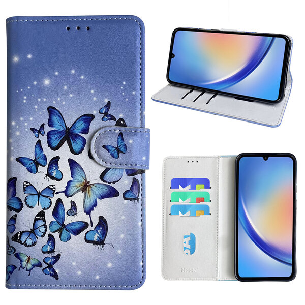 Ntech Hoesje geschikt voor Samsung Galaxy A34 Bookcase met Blauw vlinder print