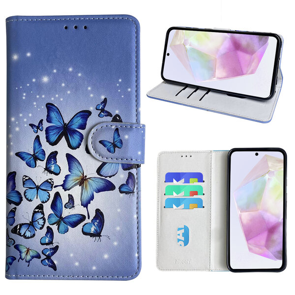 Ntech Hoesje geschikt voor Samsung Galaxy A35 Bookcase met Blauw vlinder print