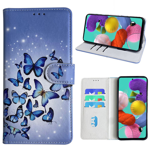 Ntech Hoesje geschikt voor Samsung Galaxy A51 Bookcase met Blauw vlinder print