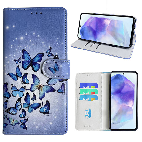 Ntech Hoesje geschikt voor Samsung Galaxy A55 Bookcase met Blauw vlinder print