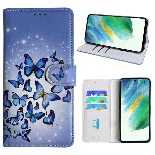 Ntech Hoesje geschikt voor Samsung Galaxy S21 FE Bookcase met Blauw vlinder print