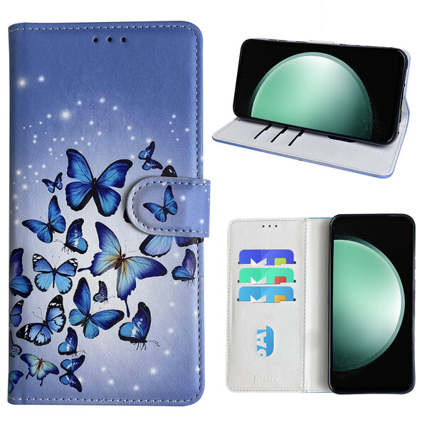 Ntech Hoesje geschikt voor Samsung Galaxy S23 FE Bookcase met Blauw vlinder print