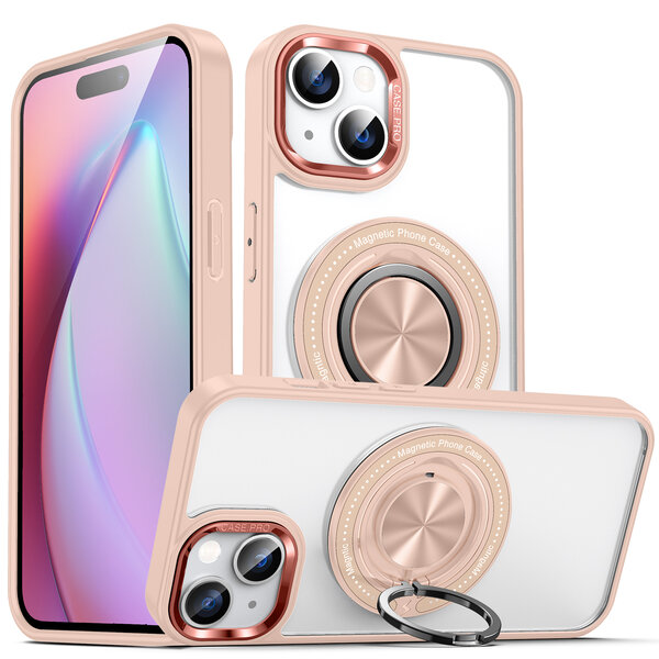 Ntech Hoesje Geschikt voor iPhone 15 Plus hoesje voor Magsafe Transparant hard case Rose Goud - kickstand Draaibare Ring Houder