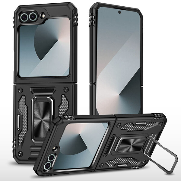 Ntech Hoesje Geschikt Voor Samsung Galaxy Z Flip 6 hoesje met Ringhouder - Anti-Shock Hybrid Armor case - Zwart