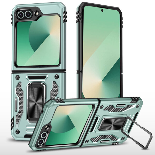 Ntech Hoesje Geschikt Voor Samsung Galaxy Z Flip 6 hoesje met Ringhouder - Anti-Shock Hybrid Armor case - Mint Groen